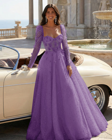 Tulle Sequin Long Sleeves Evening Dresses with 3D Floral Appliques