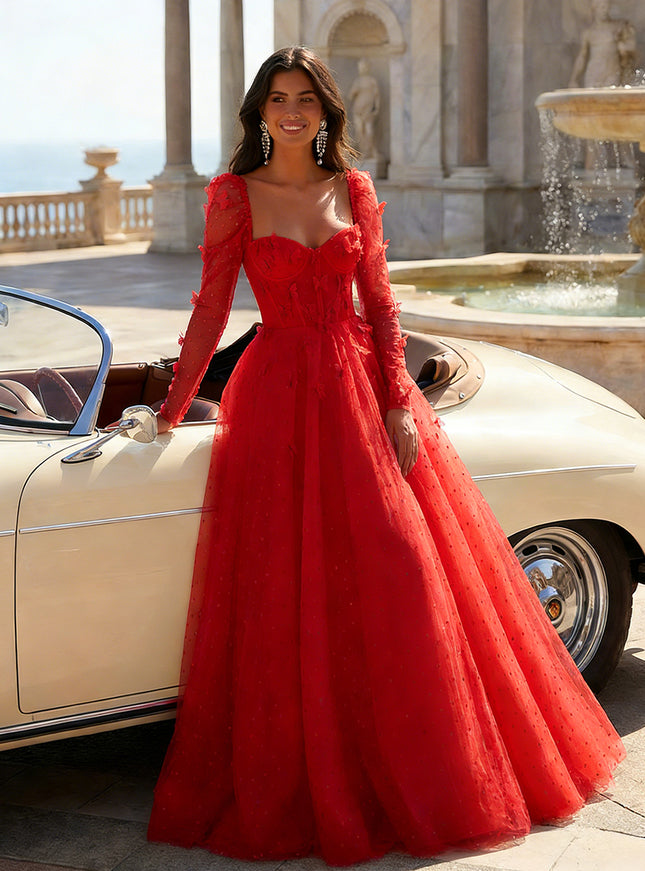 Tulle Sequin Long Sleeves Evening Dresses with 3D Floral Appliques