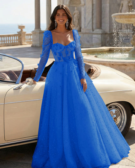 Tulle Sequin Long Sleeves Evening Dresses with 3D Floral Appliques