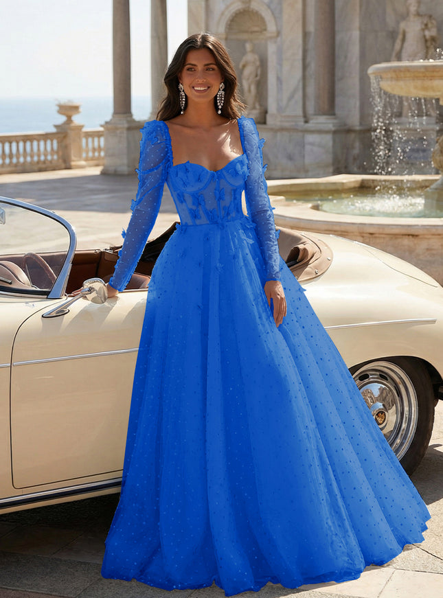 Tulle Sequin Long Sleeves Evening Dresses with 3D Floral Appliques