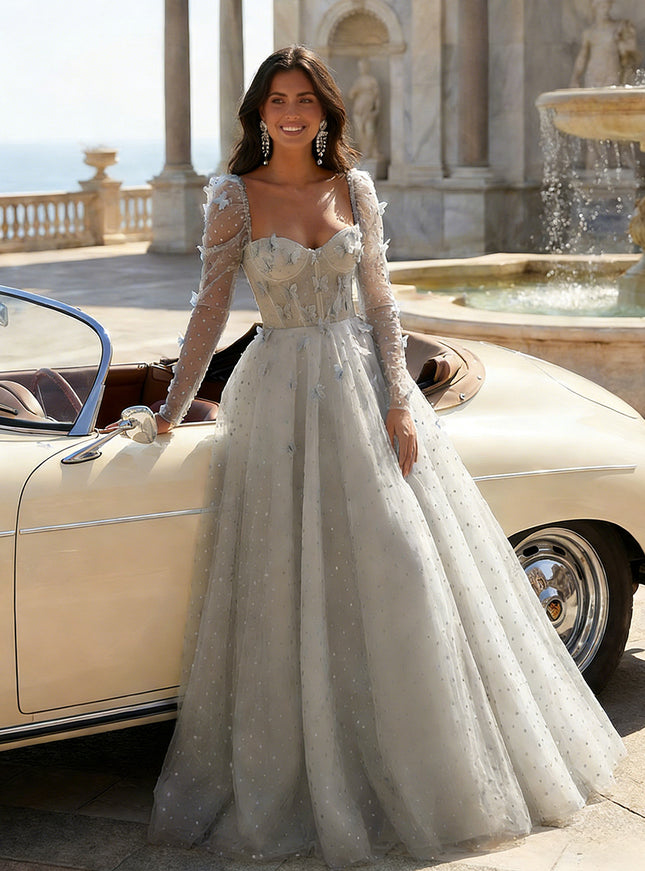 Tulle Sequin Long Sleeves Evening Dresses with 3D Floral Appliques