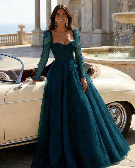 Tulle Sequin Long Sleeves Evening Dresses with 3D Floral Appliques