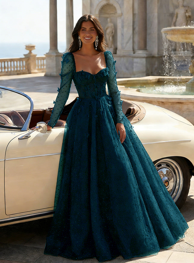 Tulle Sequin Long Sleeves Evening Dresses with 3D Floral Appliques