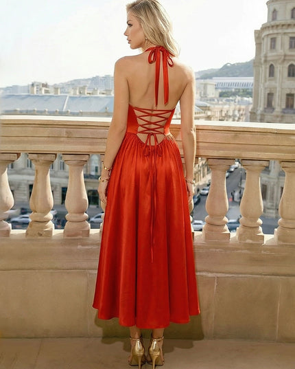 Satin Halter Evening Dresses Midi Length Formal Gowns with Back Tie
