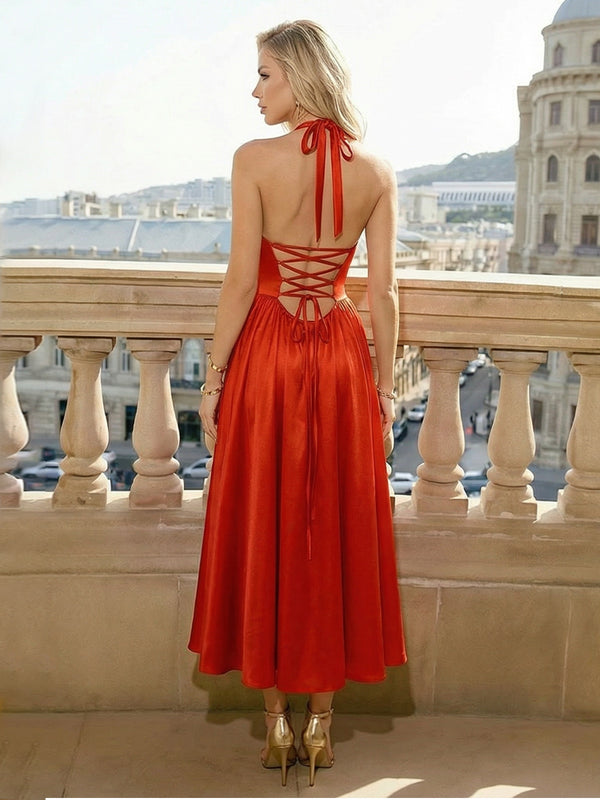 Satin Halter Formal Dresses Midi Length Formal Gowns with Back Tie