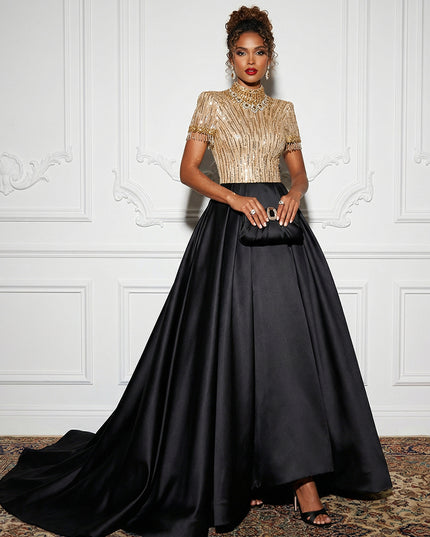 Satin Sequin Evening Dresses with Beadings