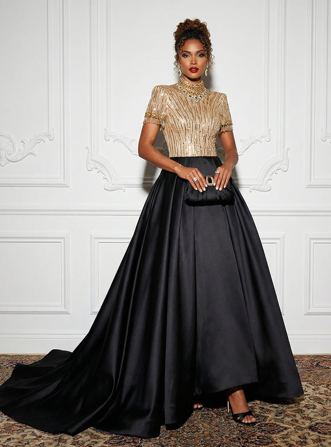 Satin Sequin Evening Dresses with Beadings