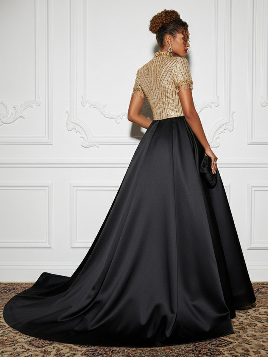 Satin Sequin Evening Dresses with Beadings