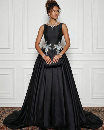 Satin Boat Neck Evening Dresses with Crystal Floral Appliques