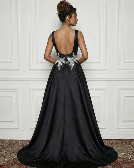 Satin Boat Neck Evening Dresses with Crystal Floral Appliques