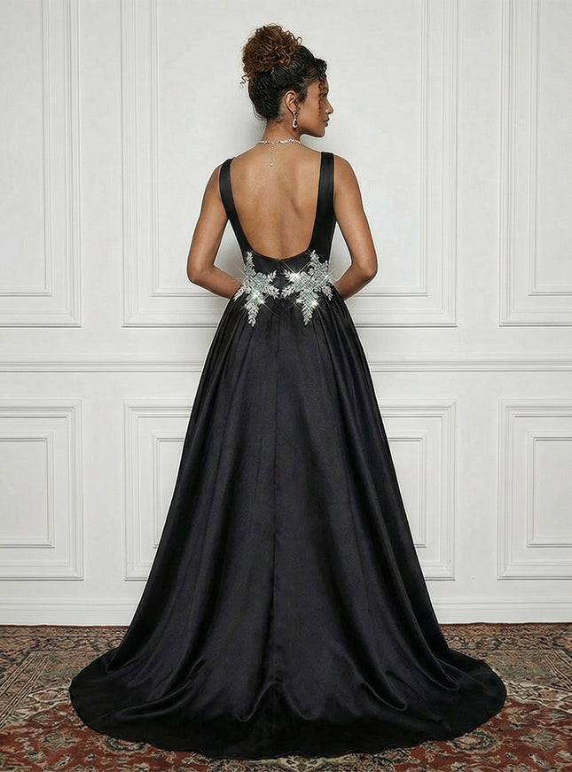 Satin Boat Neck Evening Dresses with Crystal Floral Appliques