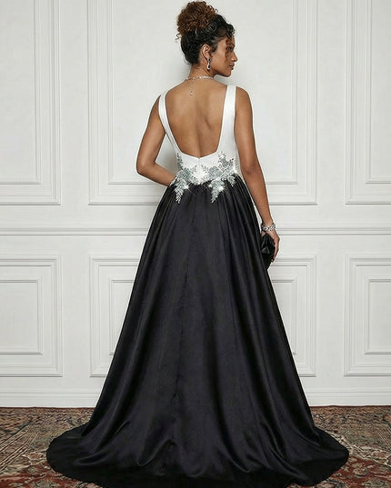 Satin Boat Neck Evening Dresses with Crystal Floral Appliques
