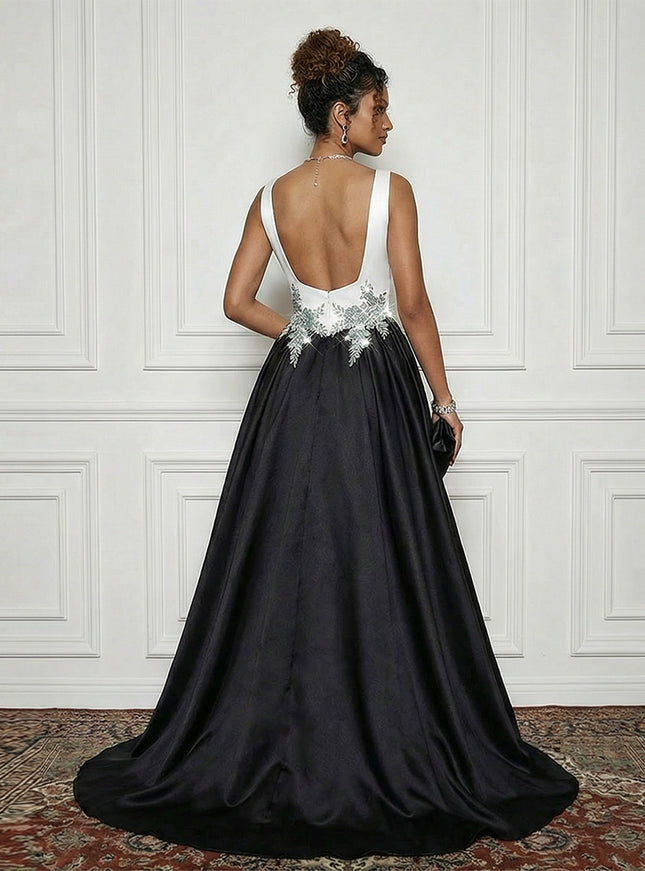 Satin Boat Neck Evening Dresses with Crystal Floral Appliques