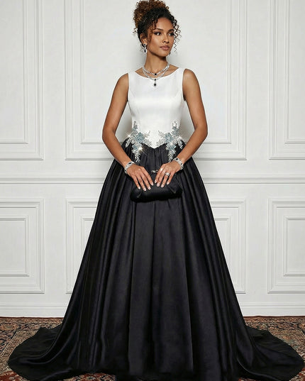 Satin Boat Neck Evening Dresses with Crystal Floral Appliques