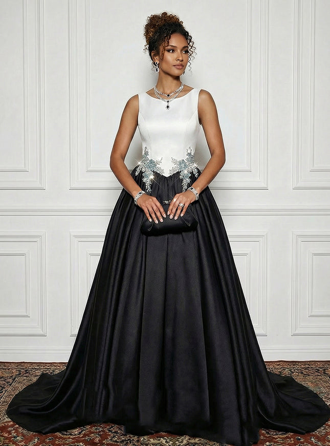 Satin Boat Neck Evening Dresses with Crystal Floral Appliques