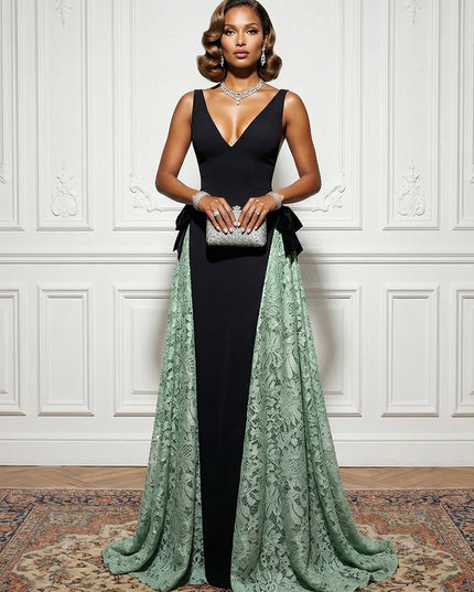 Satin Lace Deep V Neck Evening Dresses with Bow