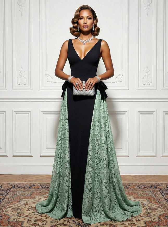 Satin Lace Deep V Neck Evening Dresses with Bow