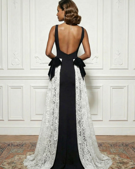 Satin Lace Deep V Neck Evening Dresses with Bow