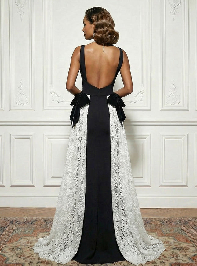 Satin Lace Deep V Neck Evening Dresses with Bow