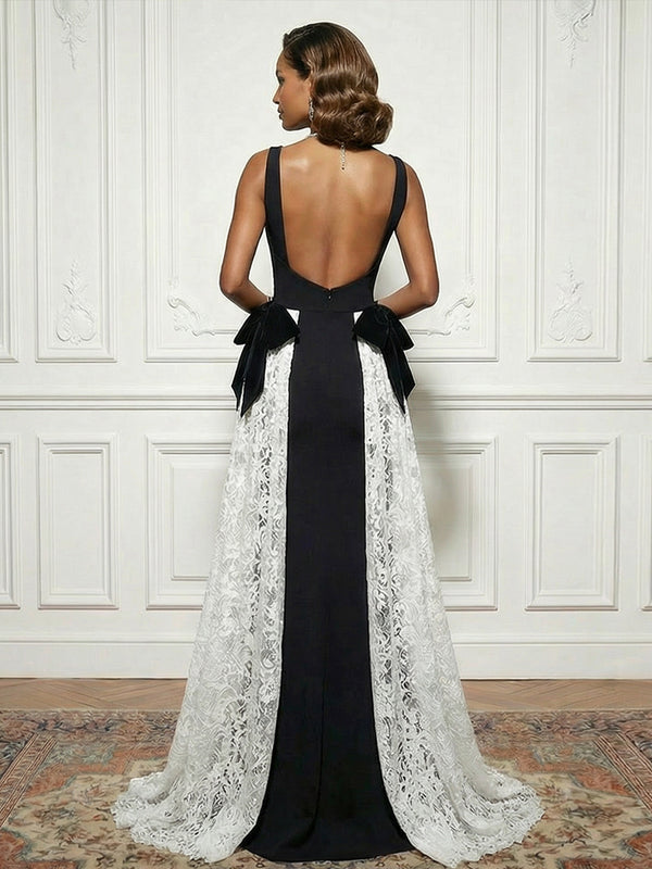 Satin Lace Deep V Neck Evening Dresses with Bow