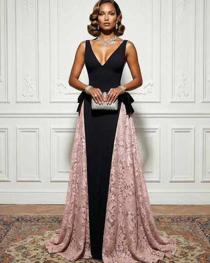 Satin Lace Deep V Neck Evening Dresses with Bow