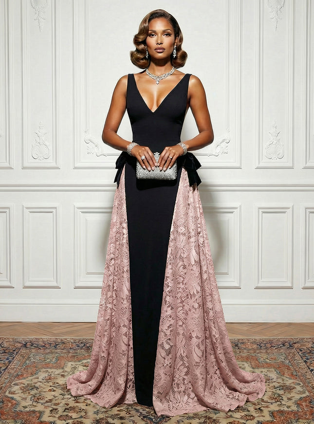 Satin Lace Deep V Neck Evening Dresses with Bow