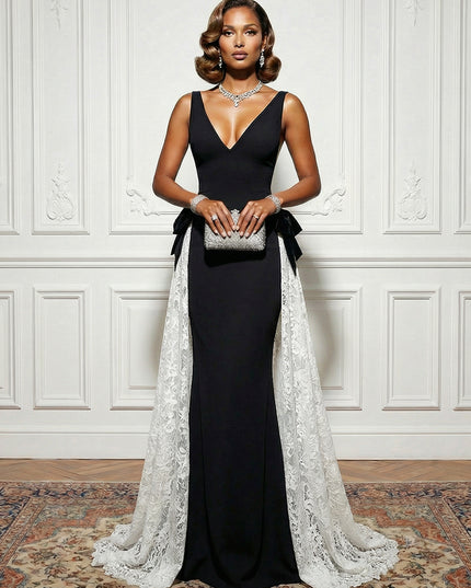Satin Lace Deep V Neck Evening Dresses with Bow