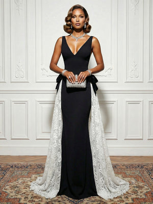 Satin Lace Deep V Neck Evening Dresses with Bow