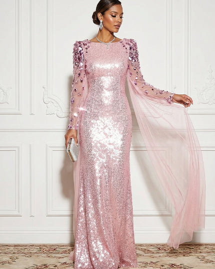 Sequin Sheer Tulle Drape Sleeves Mermaid Evening Dresses