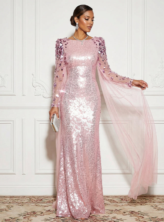 Sequin Sheer Tulle Drape Sleeves Mermaid Evening Dresses