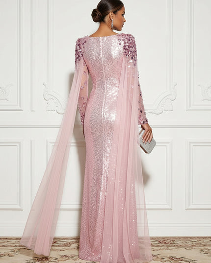 Sequin Sheer Tulle Drape Sleeves Mermaid Evening Dresses
