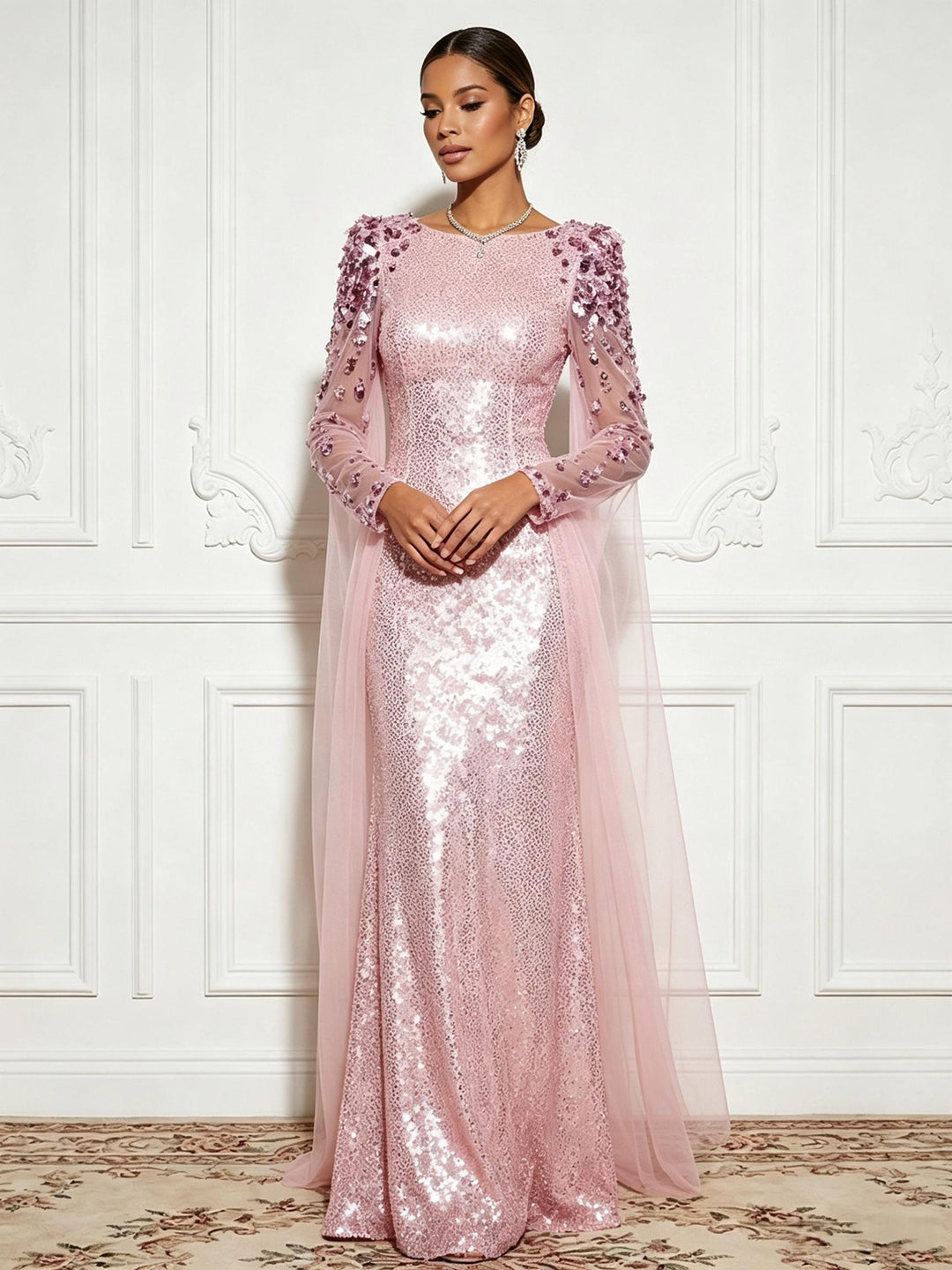 Sequin Sheer Tulle Drape Sleeves Mermaid Evening Dresses