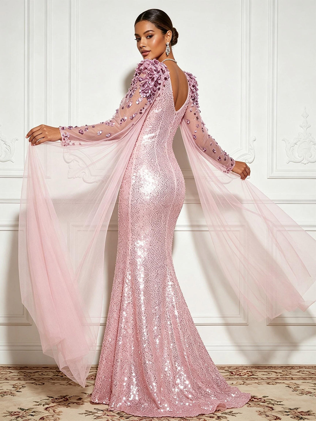 Sequin Sheer Tulle Drape Sleeves Mermaid Evening Dresses