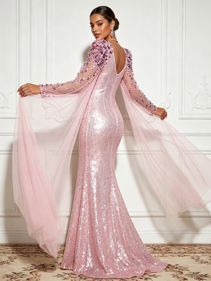 Sequin Sheer Tulle Drape Sleeves Mermaid Evening Dresses