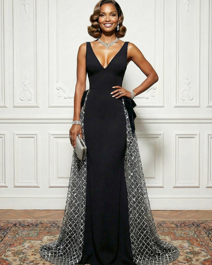 Satin Tulle Deep V Neck Evening Dresses with Bow