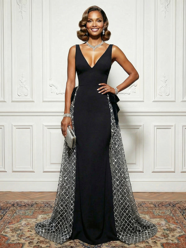 Satin Tulle Deep V Neck Evening Dresses with Bow