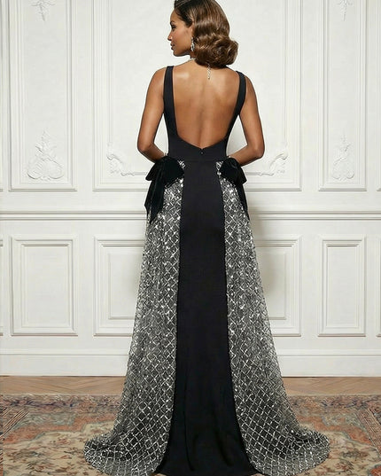 Satin Tulle Deep V Neck Evening Dresses with Bow