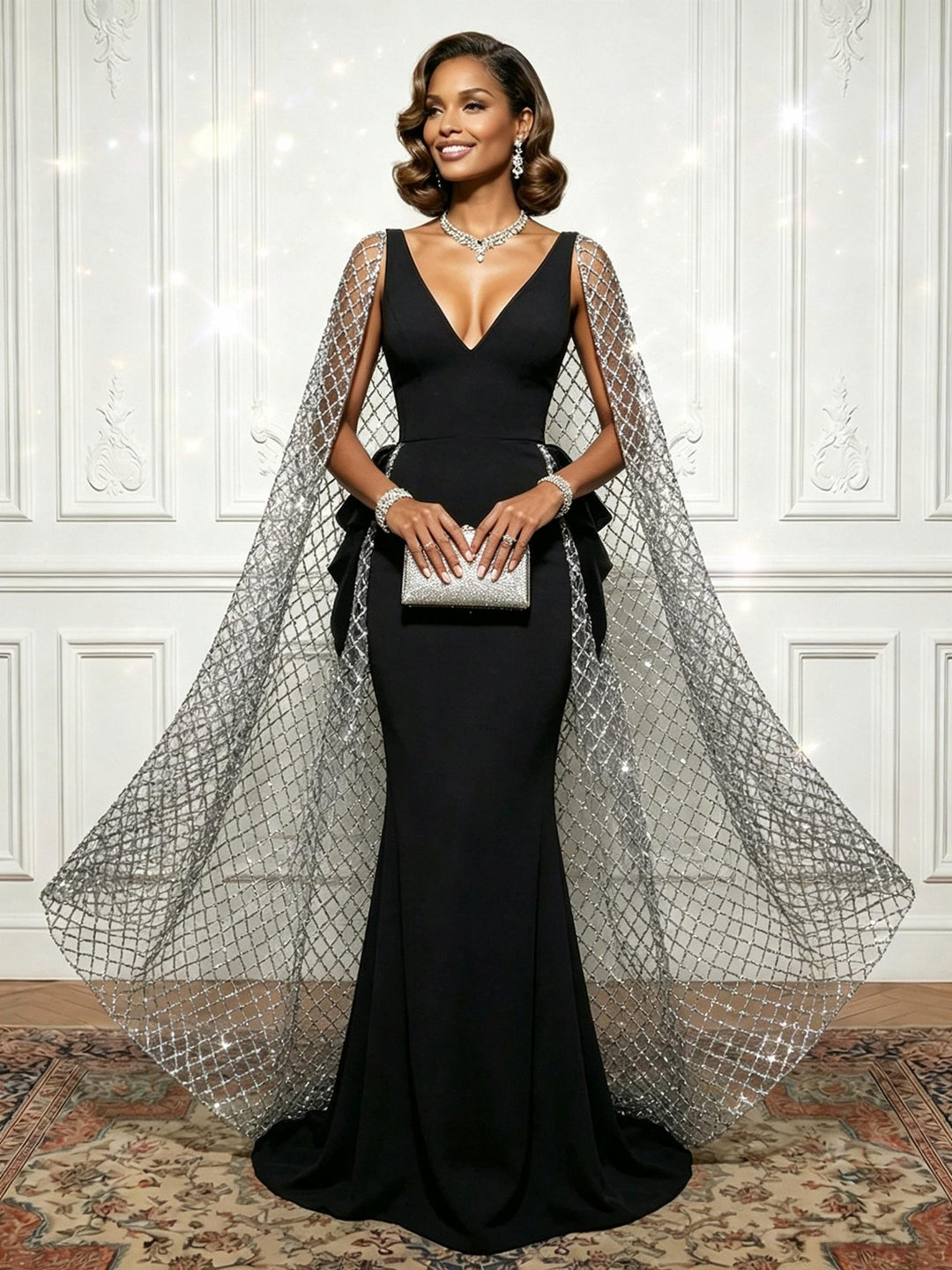Satin Tulle Deep V Neck Evening Dresses with Bow