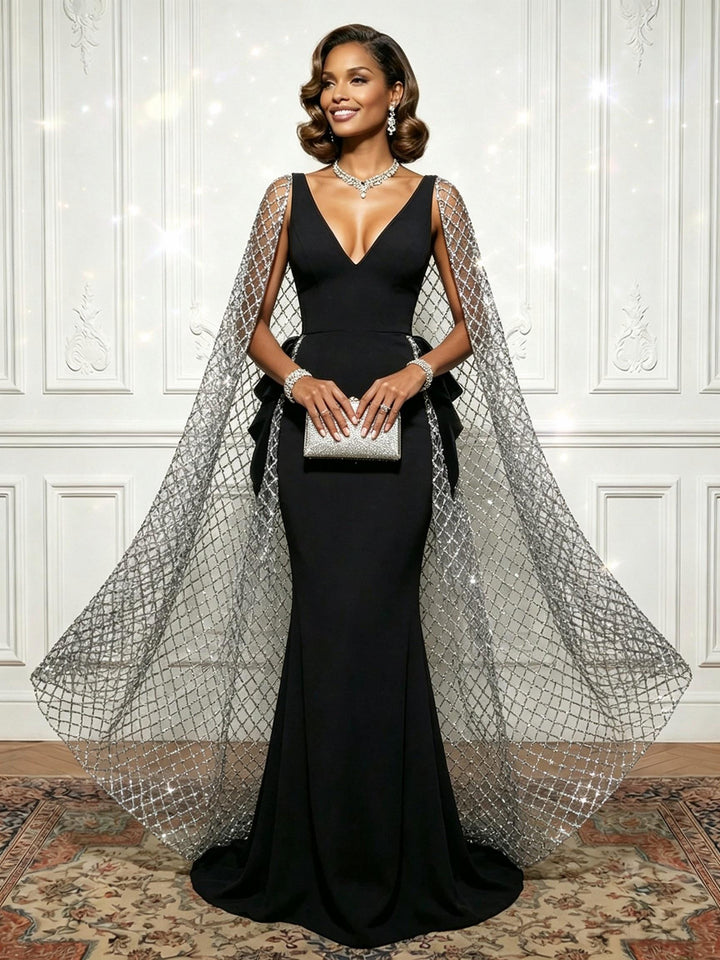 Satin Tulle Deep V Neck Evening Dresses with Bow