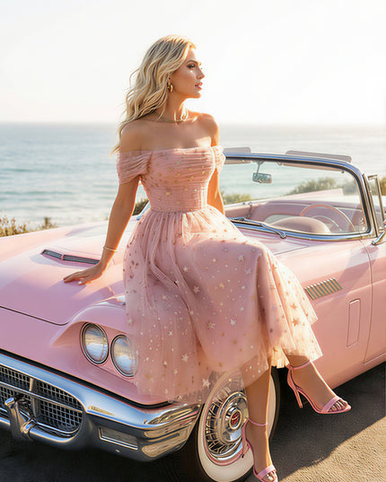 Tulle Sequin Off Shoulder A Line Evening Dresses