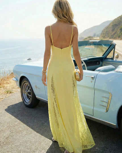 Sheer Lace Satin Spaghetti Straps Mermaid Maxi Wedding Guest Dresses