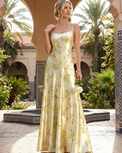 Satin Floral Spaghetti Straps A Line Maxi Evening Dresses