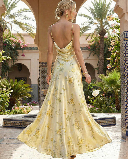 Satin Floral Spaghetti Straps A Line Maxi Evening Dresses