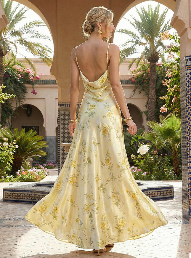 Satin Floral Spaghetti Straps A Line Maxi Evening Dresses