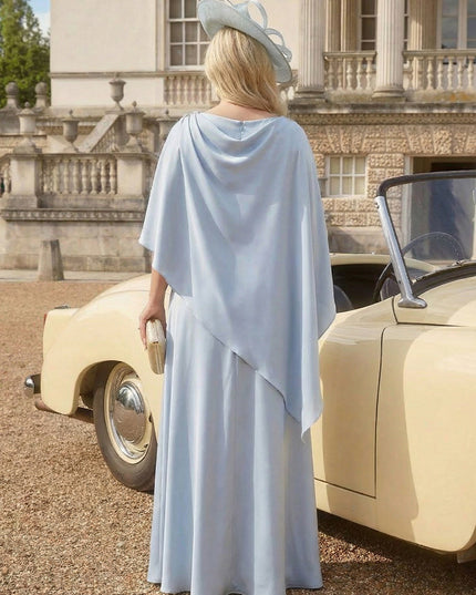 Satin Cape Sleeves Cowl Neck Maxi Evening Dresses