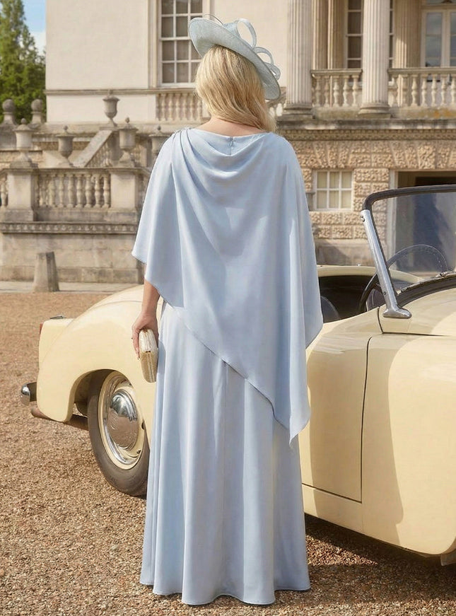 Satin Cape Sleeves Cowl Neck Maxi Evening Dresses