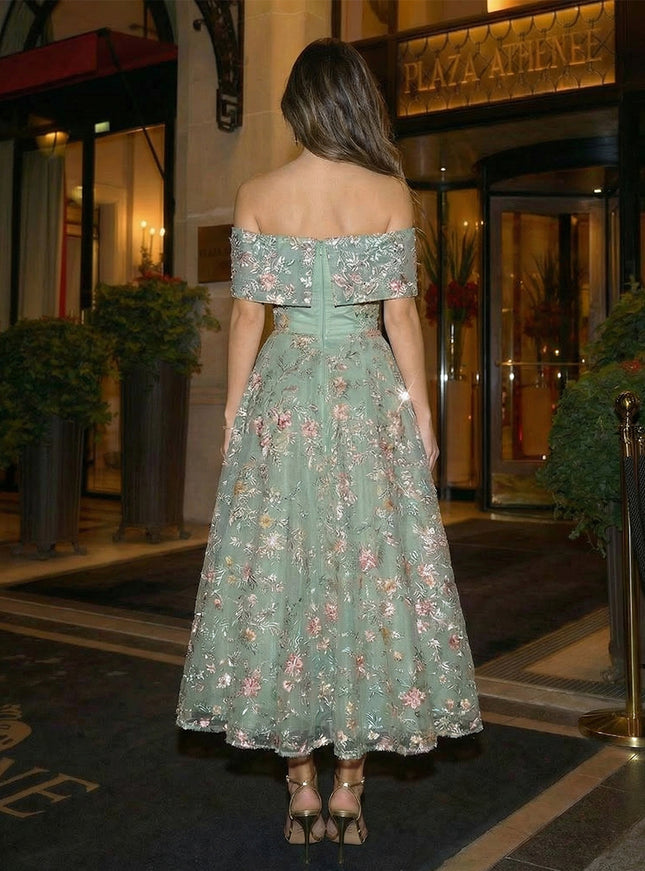 Tulle Satin Pleated Off the Shoulder Evening Dresses with Floral Embroidery