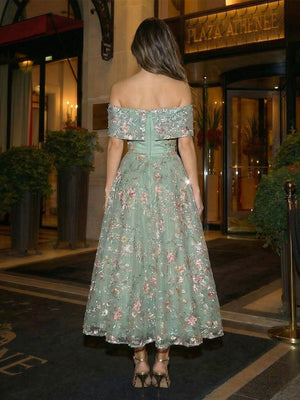 Tulle Satin Pleated Off the Shoulder Evening Dresses with Floral Embroidery