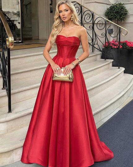 Satin Strapless Evening Dresses Corset Pleated Maxi Formal Gowns