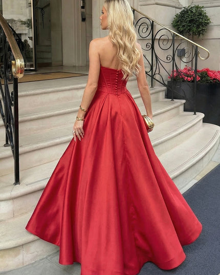 Satin Strapless Evening Dresses Corset Pleated Maxi Formal Gowns